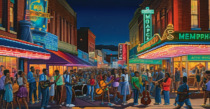 A lively street scene on Beale Street with musicians performing and a crowd enjoying the music.