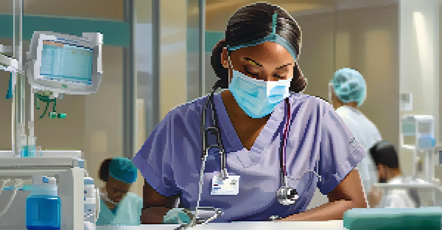 A healthcare worker in scrubs talking to a patient in a modern hospital environment.