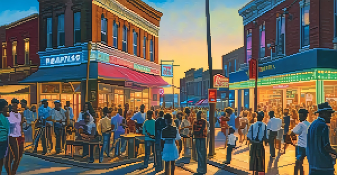 A lively street scene on Beale Street in Memphis, with musicians playing blues music and a bustling crowd enjoying the atmosphere.