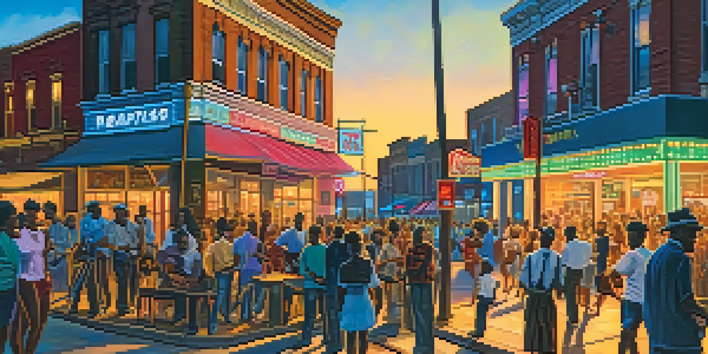 A lively street scene on Beale Street in Memphis, with musicians playing blues music and a bustling crowd enjoying the atmosphere.