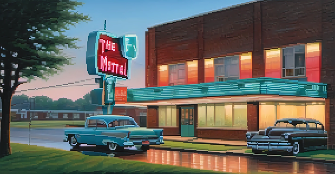 A tranquil early morning view of the Lorraine Motel with its neon sign glowing softly against a pastel sky.