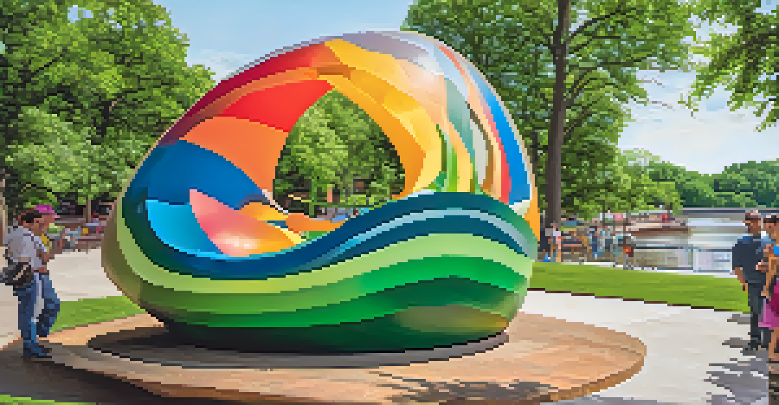 A close-up of a colorful public art installation made from recycled materials at the Memphis Riverfront, surrounded by greenery and people admiring the artwork, with the river in the background.