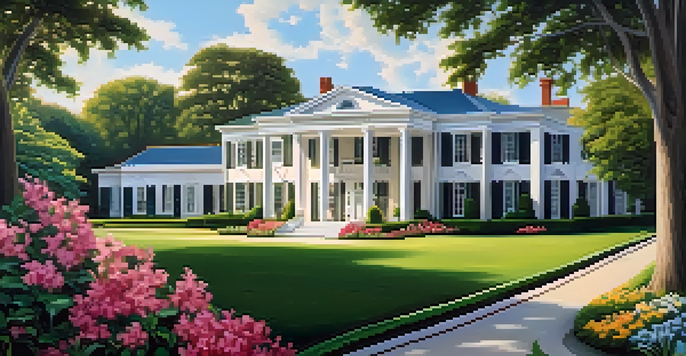 A picturesque image of Graceland, featuring its beautiful architecture and colorful gardens, bathed in sunlight.