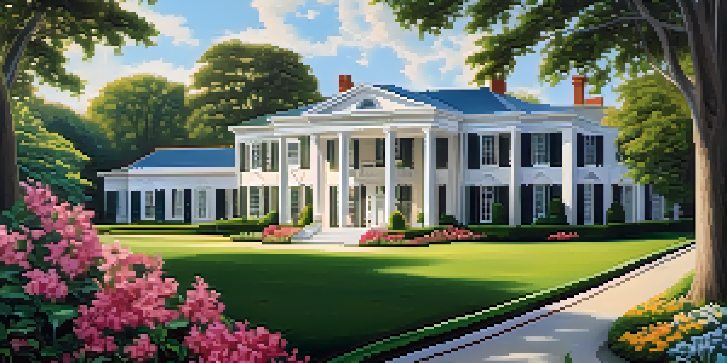 A picturesque image of Graceland, featuring its beautiful architecture and colorful gardens, bathed in sunlight.