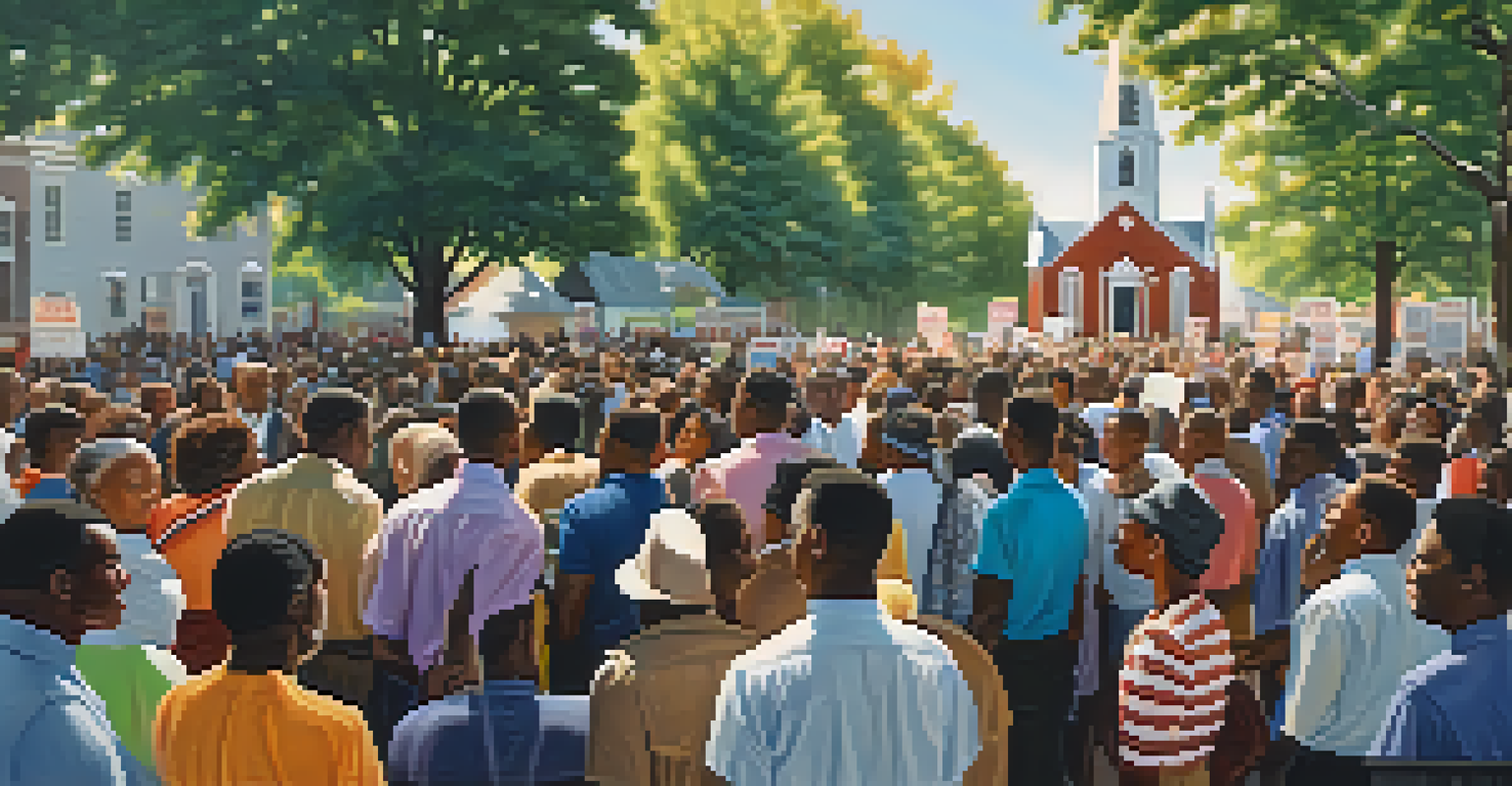 A diverse crowd gathered outside a church, holding banners in support of the Memphis Sit-Ins, radiating unity and purpose.