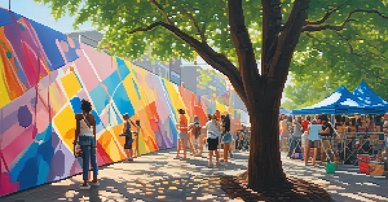 A young artist painting a mural at a Memphis arts festival, surrounded by admirers, with vibrant colors and sunlight creating a festive atmosphere.