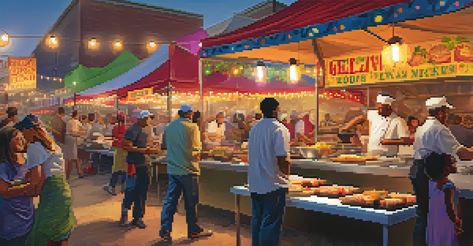 A food festival in Memphis with chefs preparing local dishes, colorful food stalls, and happy visitors sampling food under string lights at sunset.