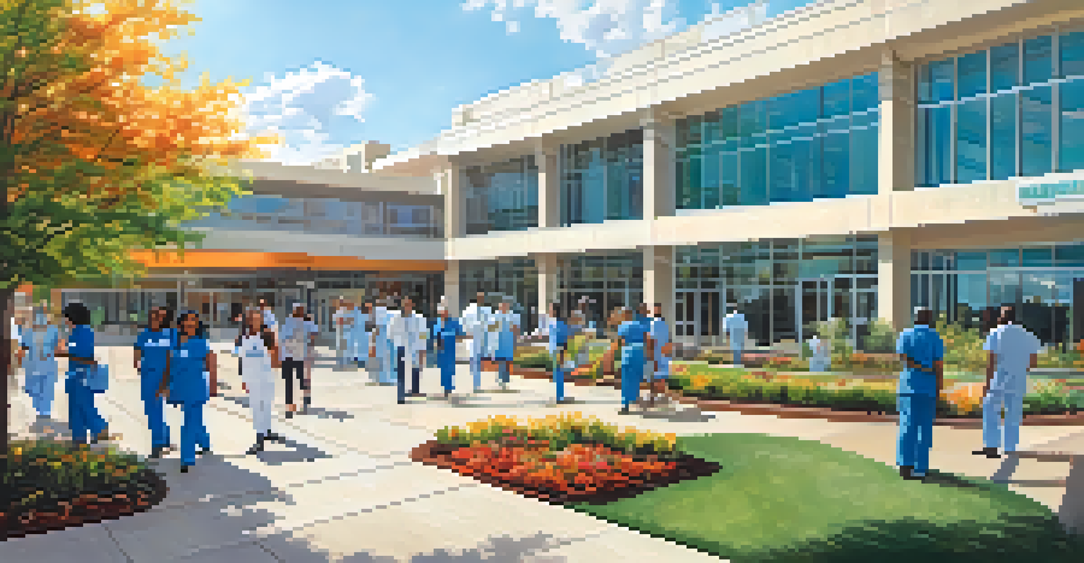 A modern hospital in Memphis with healthcare professionals and patients, surrounded by green landscaping and bright health awareness banners.