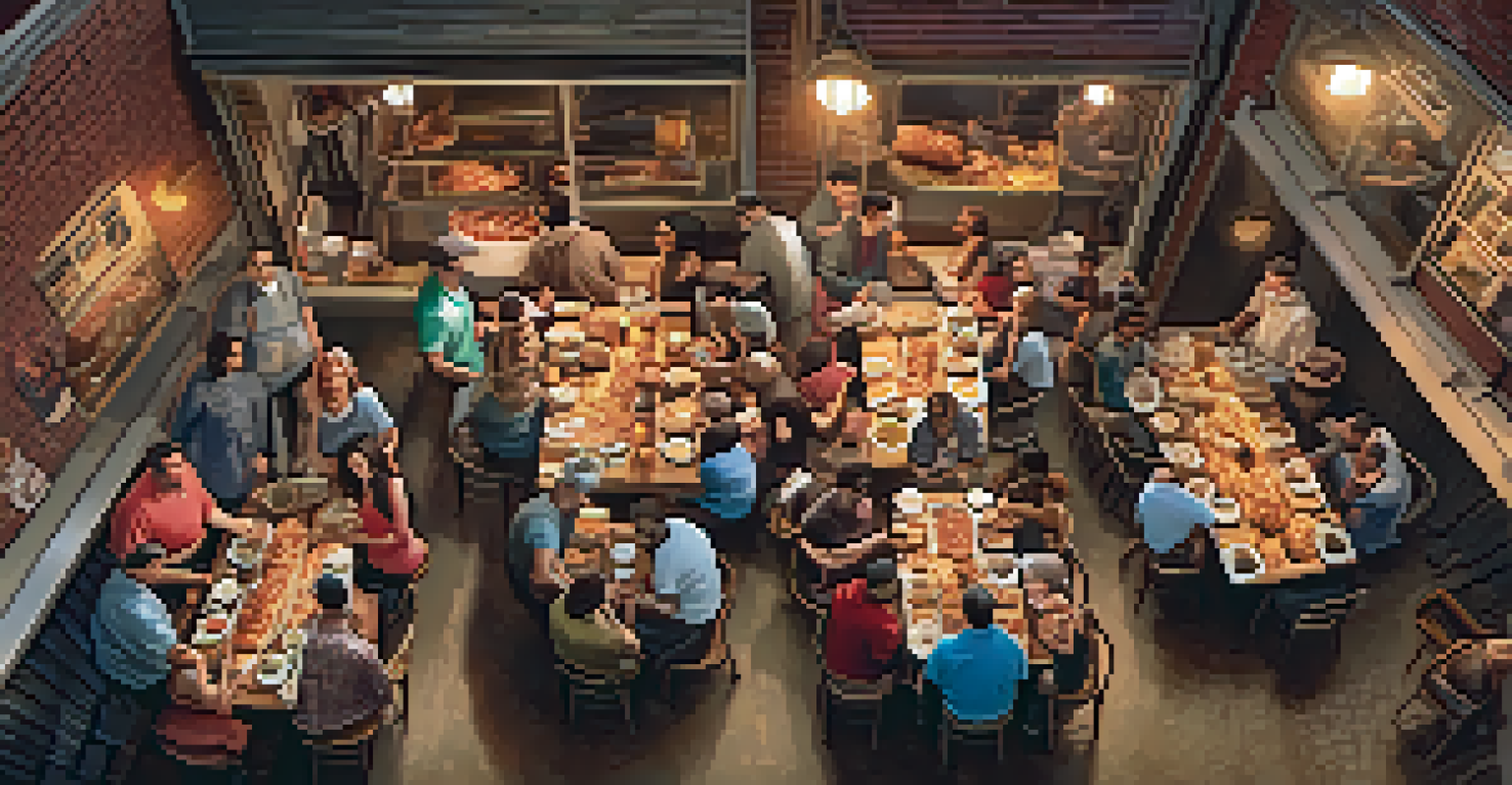 A bustling barbecue restaurant in Memphis with diners enjoying plates of ribs and sides.