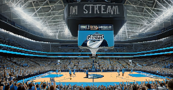 A lively basketball game at FedExForum with fans cheering, players jumping, and bright lights illuminating the court.