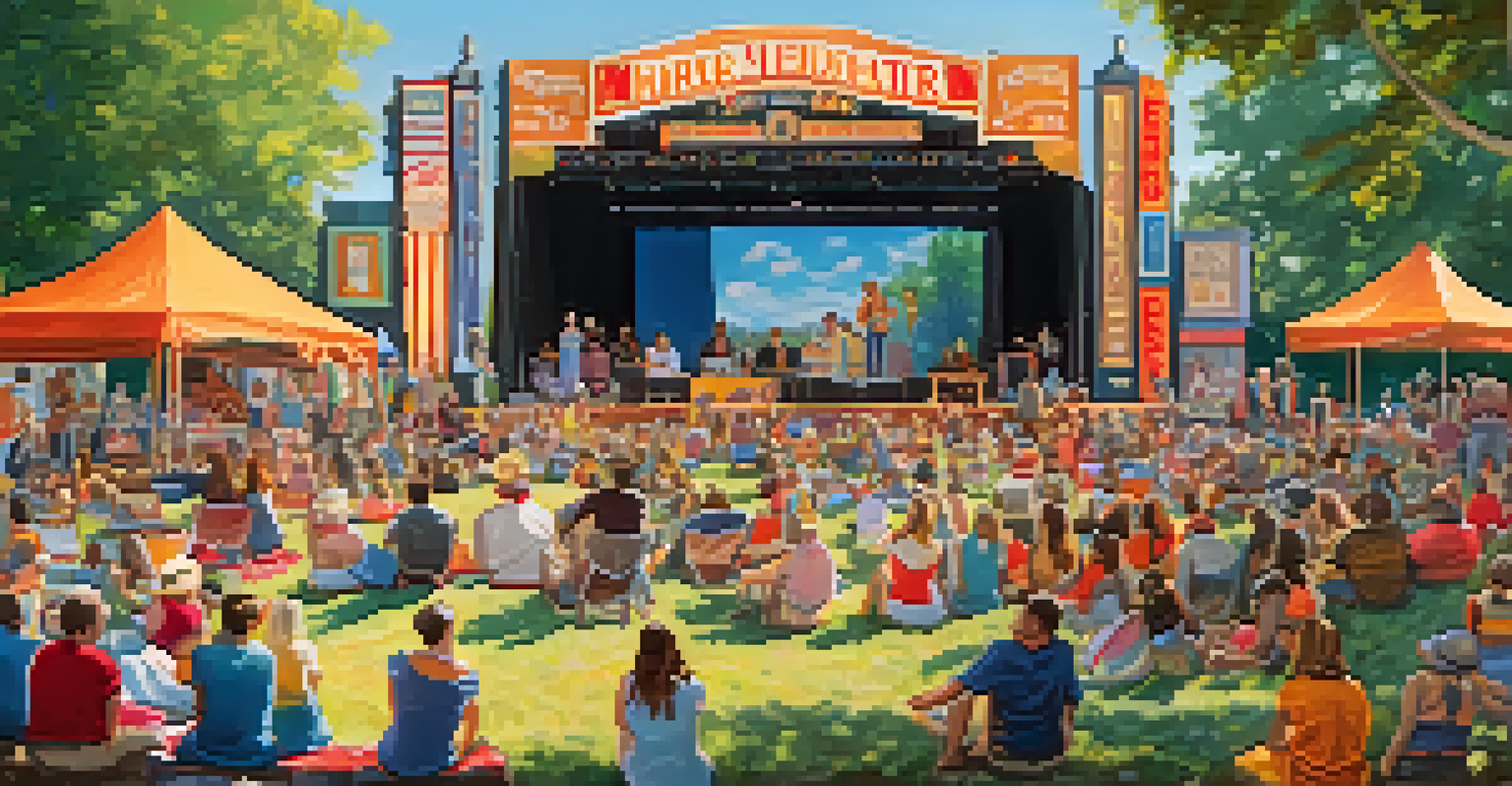 A theater festival in Memphis park with performers on stage, colorful banners, and a diverse audience enjoying the event.