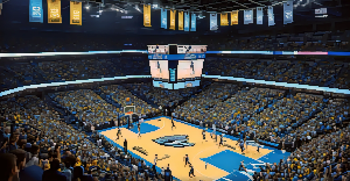 A lively basketball game at FedExForum with fans cheering in team colors and players in action on the court.