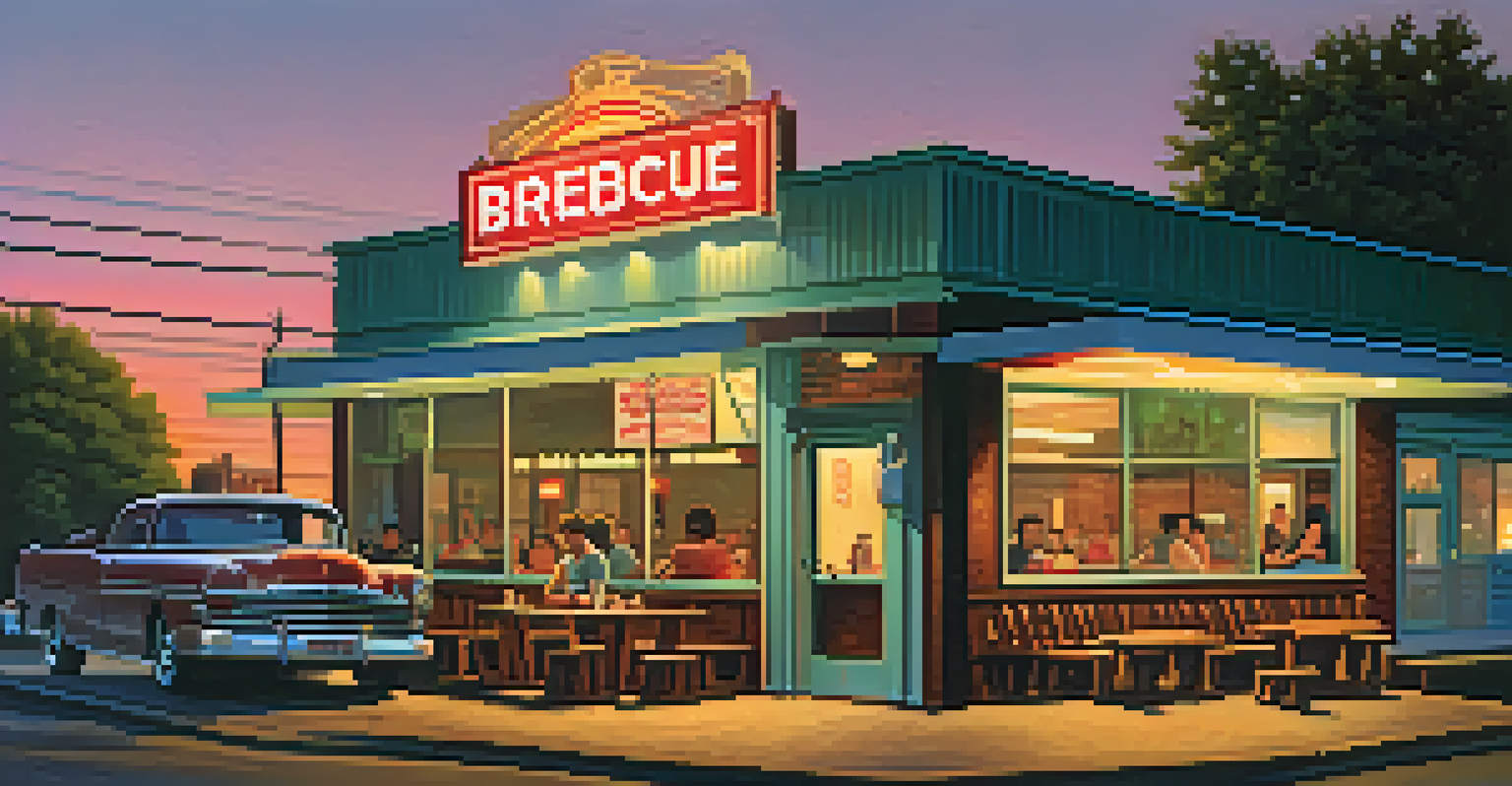 A charming Memphis barbecue restaurant with neon lights and smoke from the smoker, inviting customers to enjoy a meal.