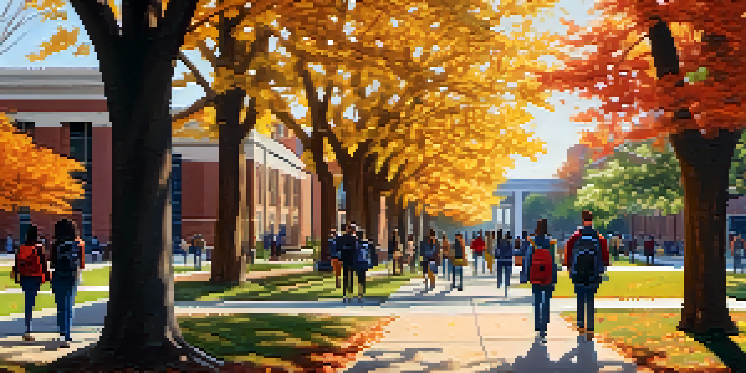 A lively college campus in Memphis with students from diverse backgrounds walking among colorful autumn trees and modern buildings, illuminated by soft sunlight.