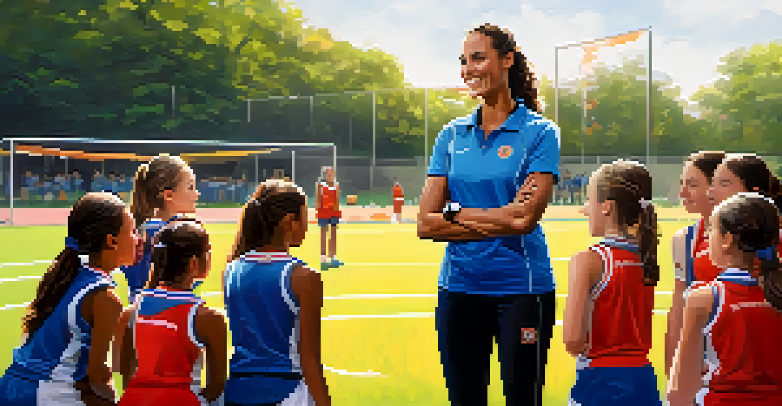 A female coach giving an inspiring talk to her team of young female athletes in a sports event setting, with supportive banners in the background.