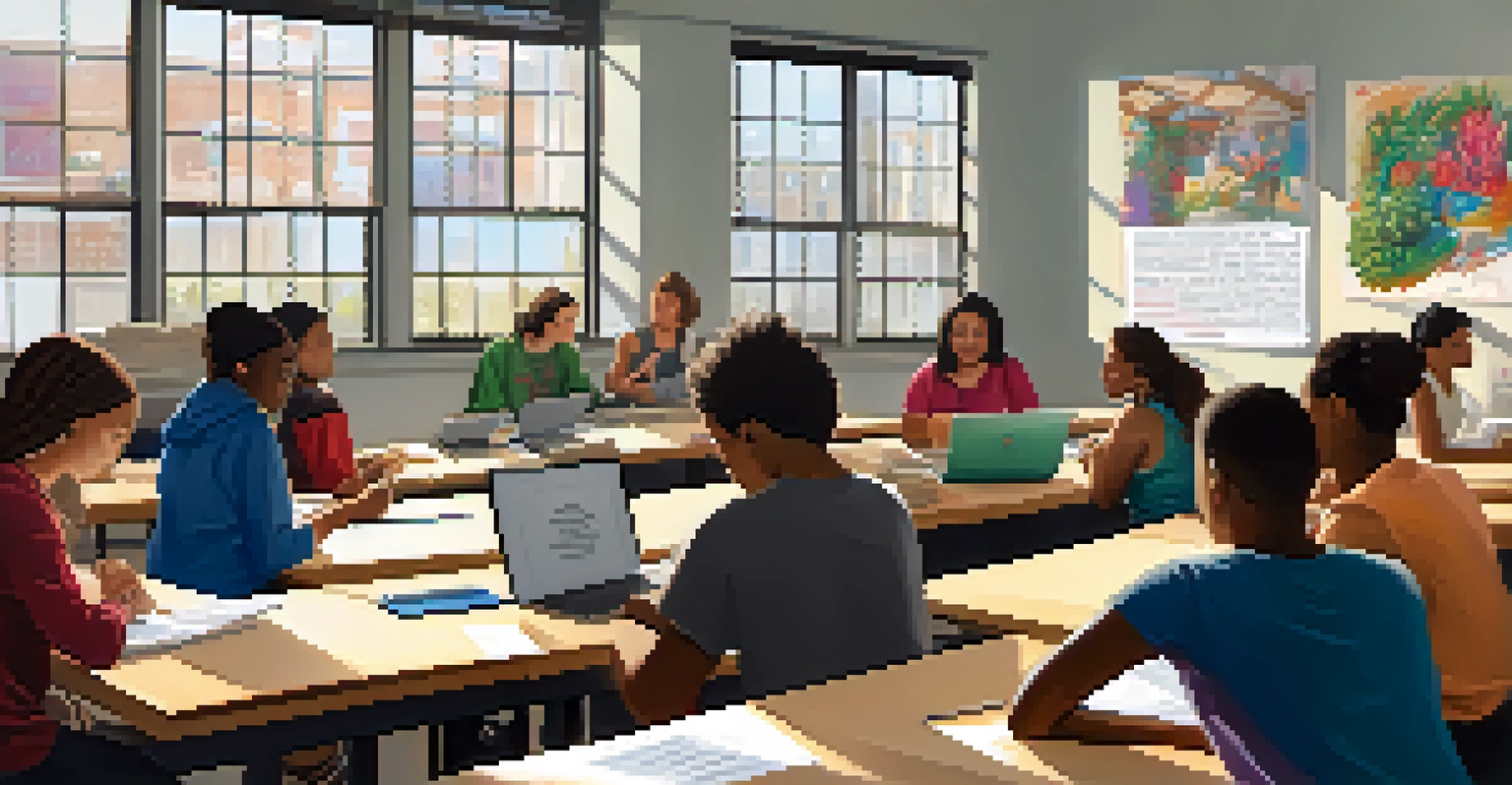 A classroom filled with adult learners of diverse backgrounds participating in a workshop, with natural light streaming in and educational posters on the walls.