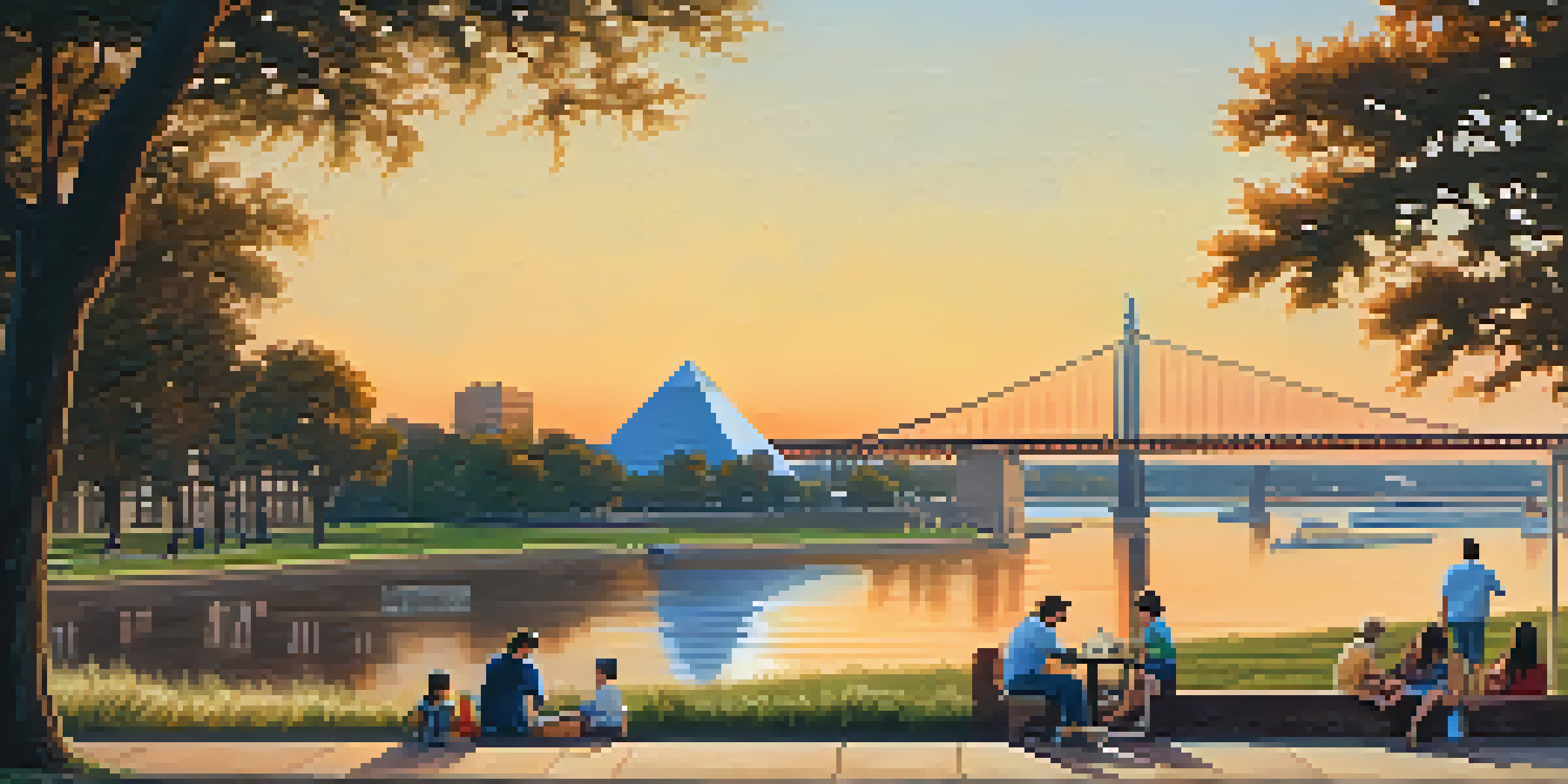 A scenic view of the Memphis Riverfront during sunset, with families picnicking and a couple walking along the pathways, featuring the Pyramid structure in the background.