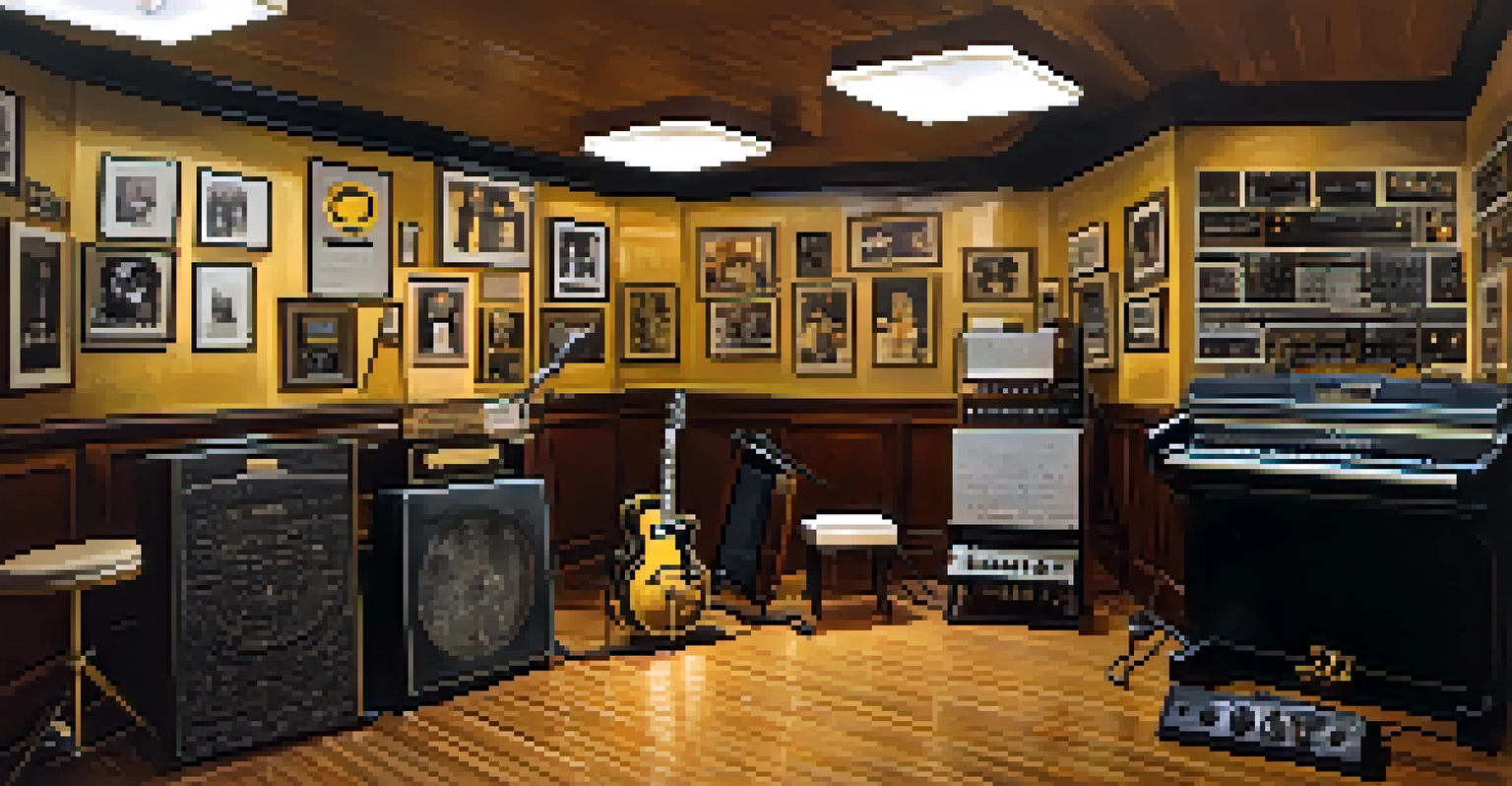 Interior of Sun Studio with vintage recording equipment, gold records, and photographs of legendary musicians under warm lighting.