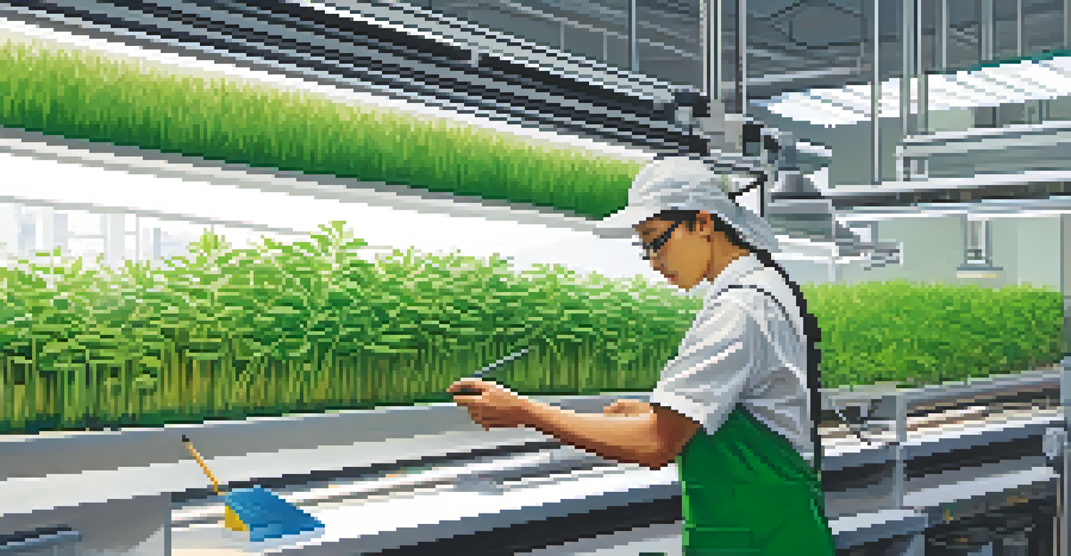 Close-up of a worker inspecting eco-friendly materials in a bright workshop, with green technologies in the background.