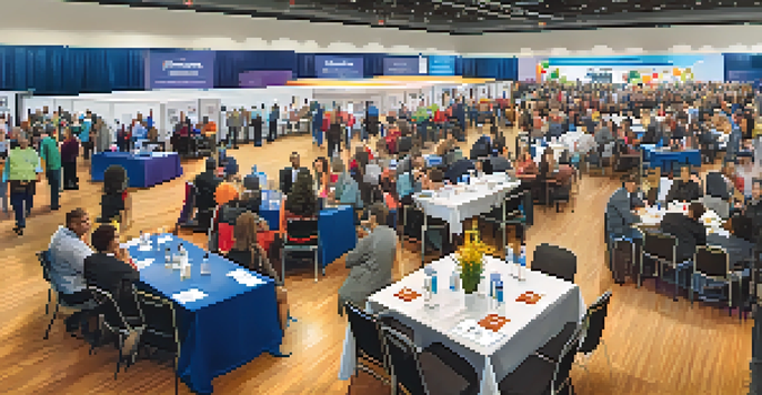 A busy job fair in a convention center with diverse people networking, exchanging resumes, and company tables in a bright and inviting setting.