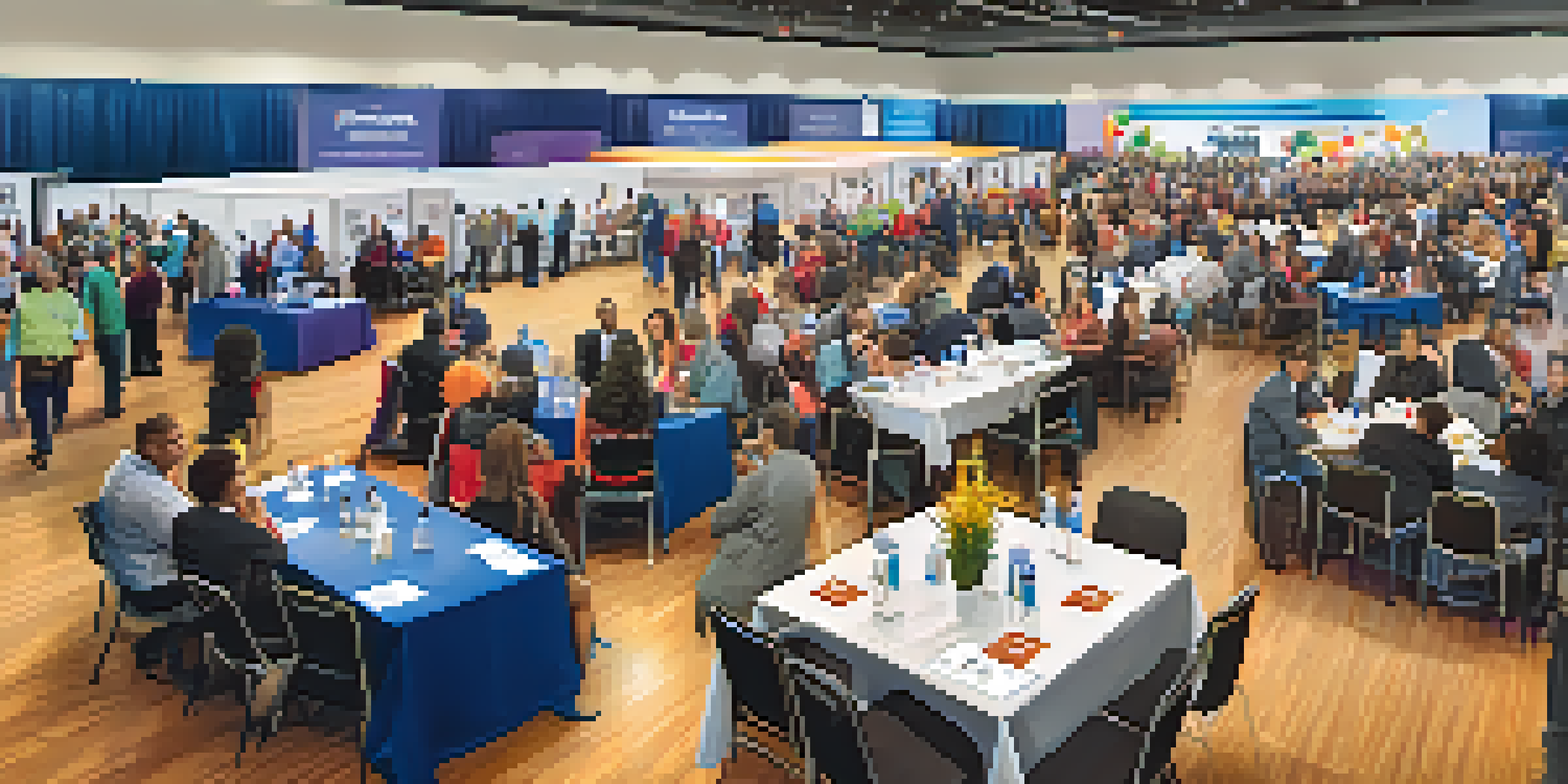 A busy job fair in a convention center with diverse people networking, exchanging resumes, and company tables in a bright and inviting setting.