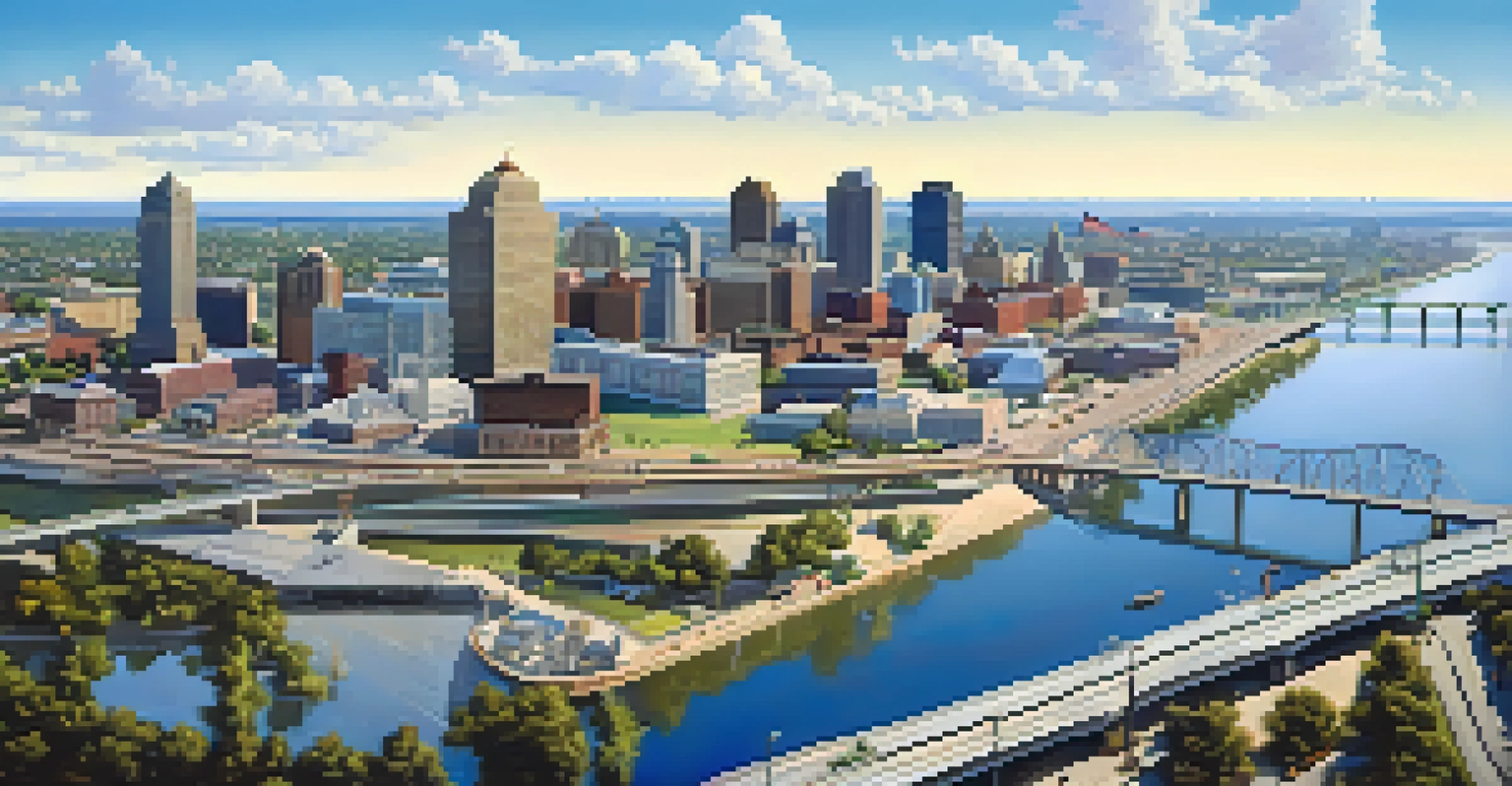 Aerial view of Memphis highlighting highways, railroads, and the Mississippi River with a vibrant cityscape.