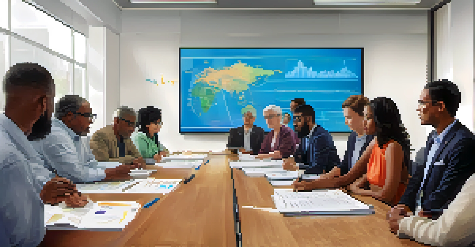 A diverse group of people in a meeting room discussing economic indicators with charts on the screen.