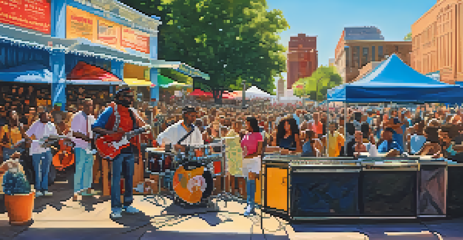 An outdoor music festival in Memphis with musicians performing and a diverse crowd enjoying the event.