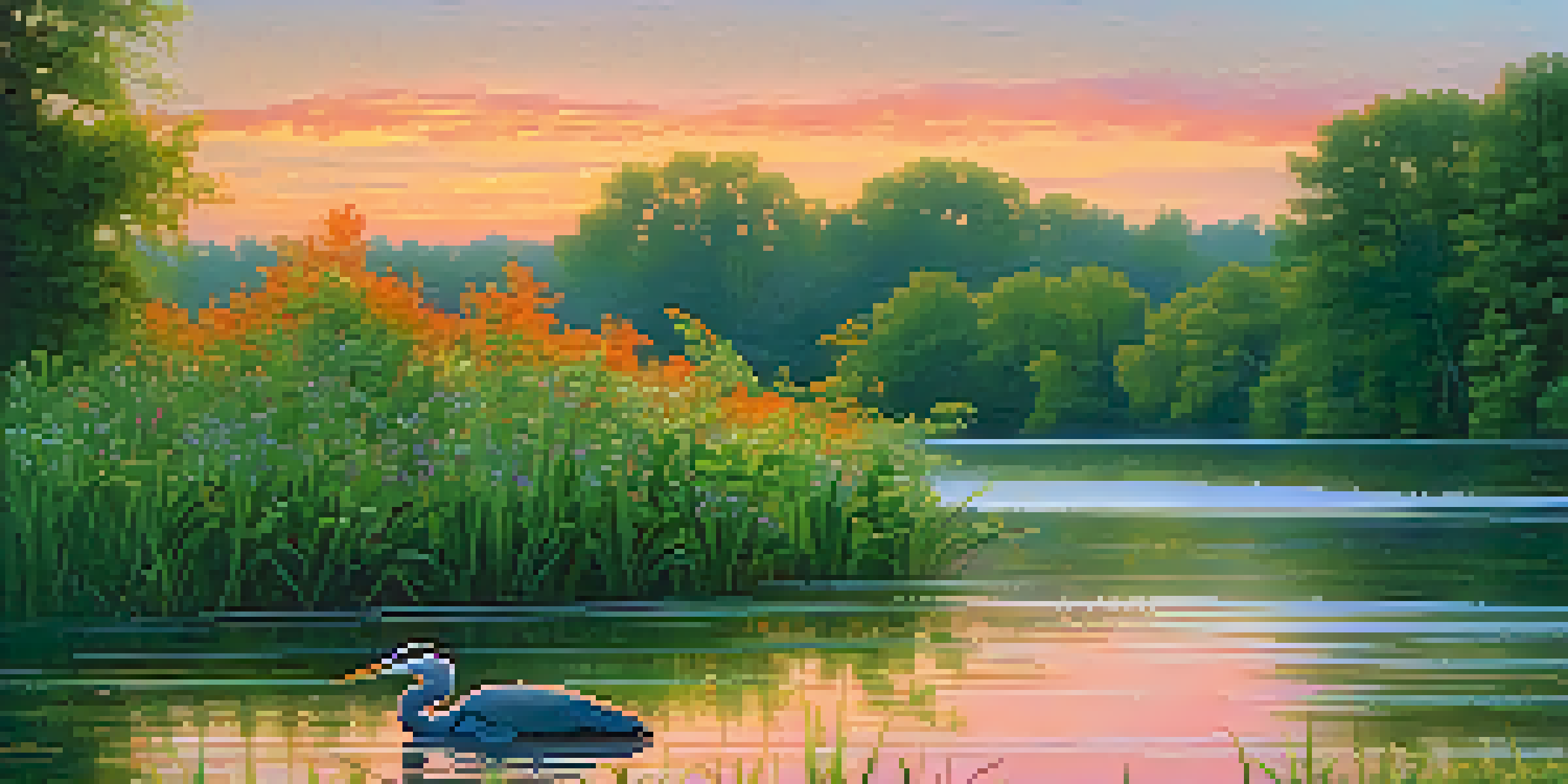 A peaceful scene of the Mississippi River at sunrise with colorful reflections, green trees, and a heron standing in the water.