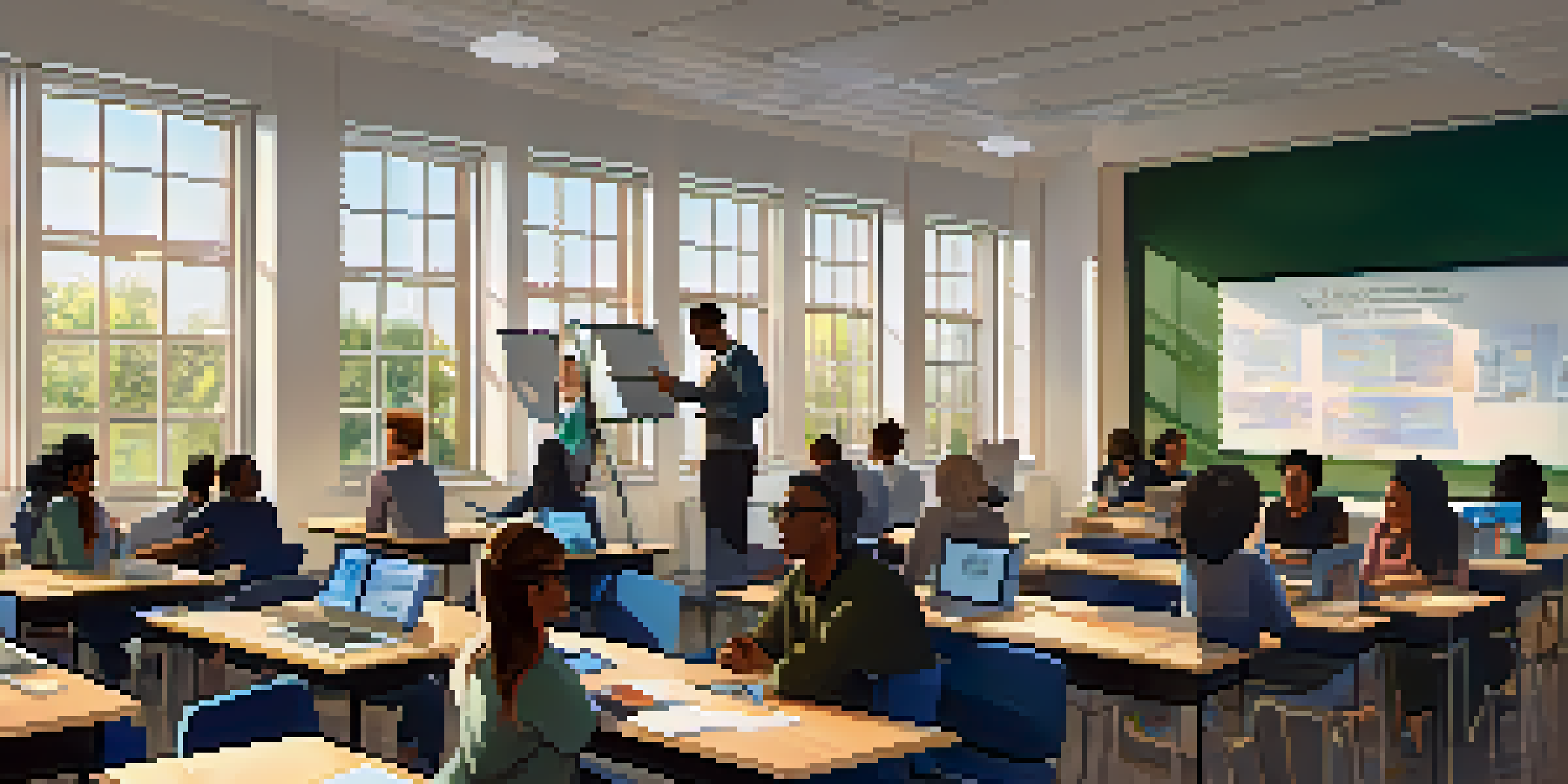 A classroom showing a mix of in-person and online students engaging with a professor, with bright natural light and educational posters.