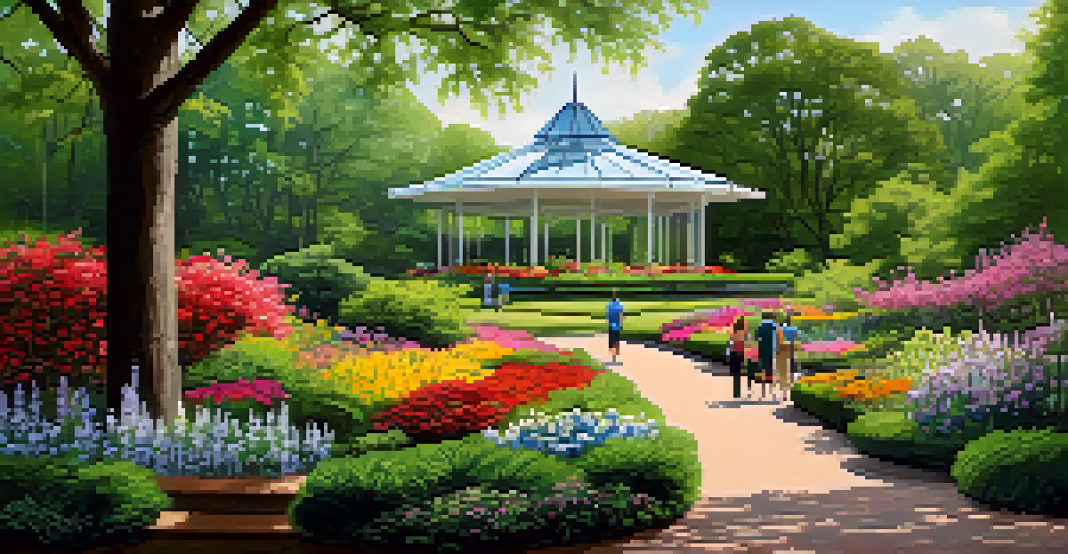 A tranquil Memphis Botanic Garden filled with blooming flowers and greenery, with visitors enjoying the artistic natural space.