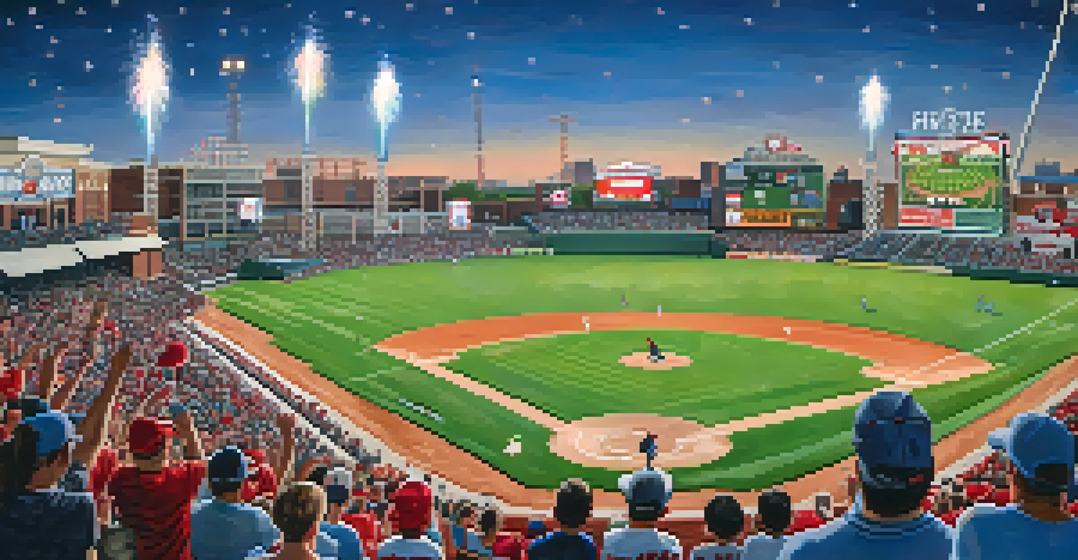 A sunny day at AutoZone Park with families enjoying a baseball game, colorful fireworks in the background, and a lively crowd.