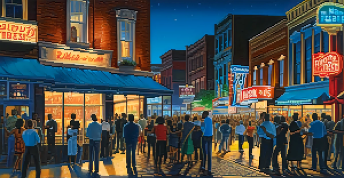 A bustling Beale Street at night, illuminated by neon signs, with musicians performing and people enjoying the atmosphere.