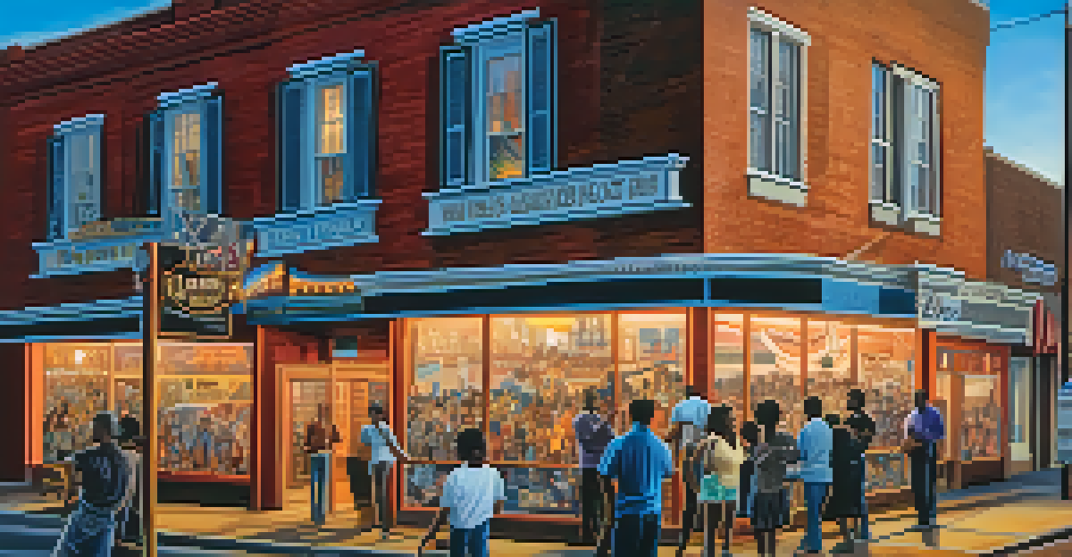 A mural in the Cooper-Young Historic District of Memphis featuring portraits of musicians like B.B. King and Elvis Presley, with people enjoying the scene.