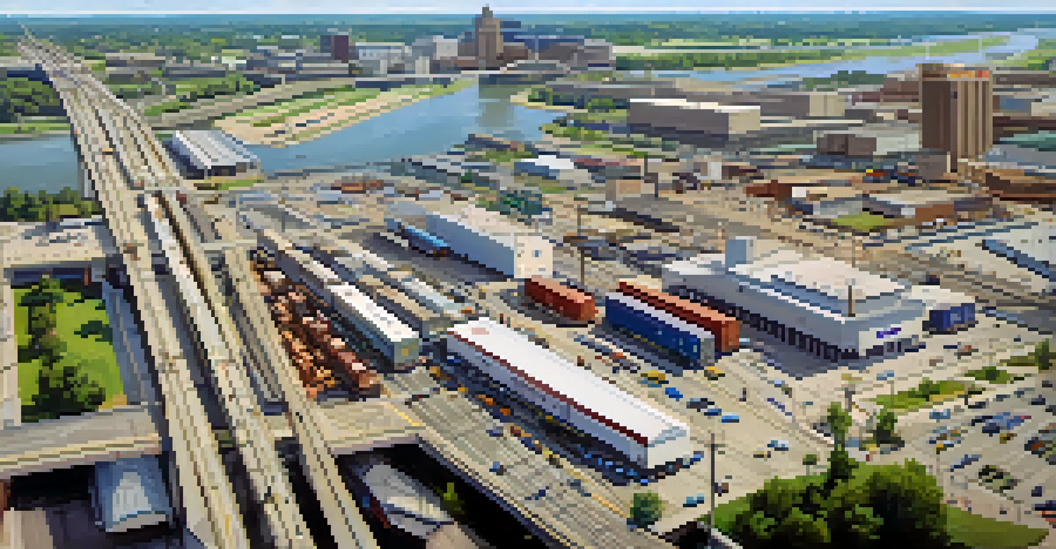An aerial view of Memphis's transportation hub featuring highways, railways, and the FedEx headquarters, with the Mississippi River nearby.
