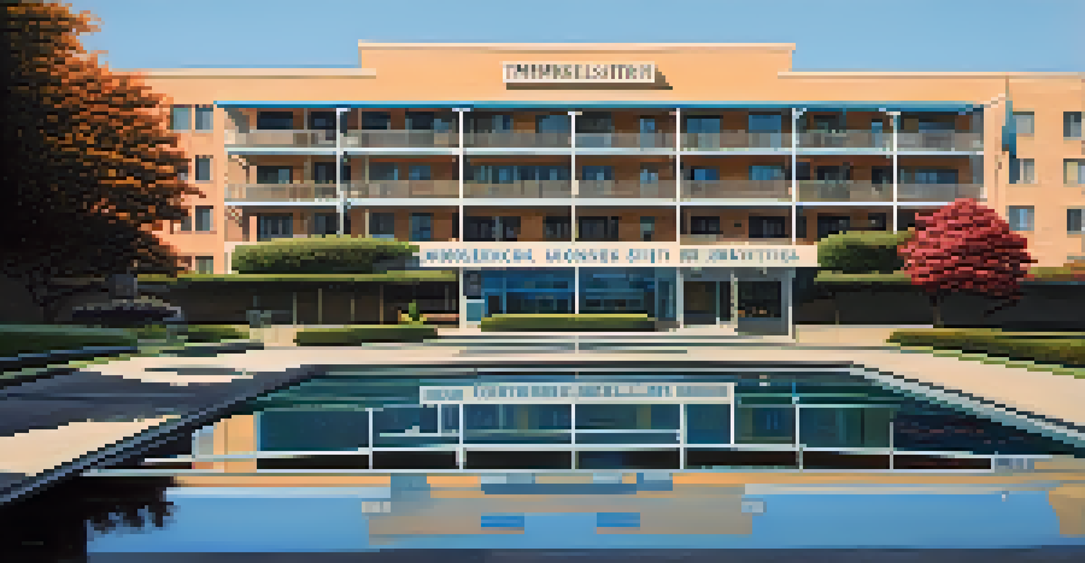 Exterior view of the Lorraine Motel with a reflecting pool, memorial flowers, and a peaceful atmosphere.