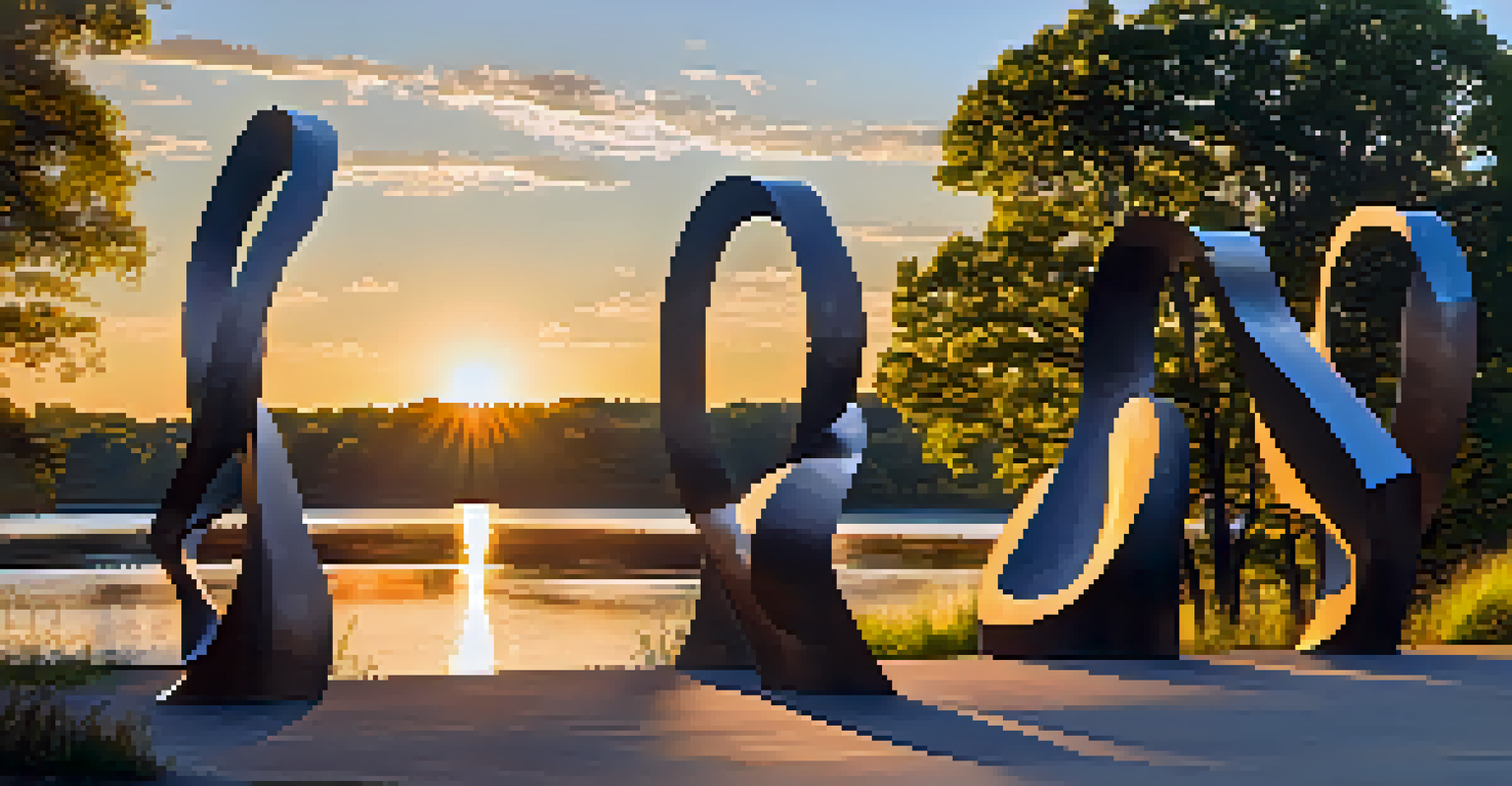 An outdoor sculpture garden at the Metal Museum featuring large metal sculptures with the Mississippi River and a sunset in the background.