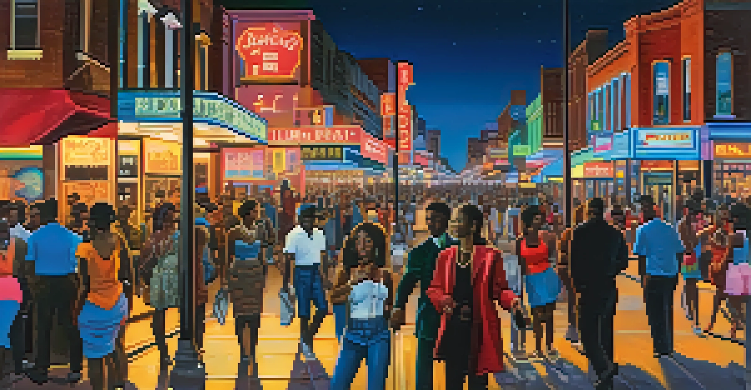 Beale Street at night, alive with neon lights, live music, and a crowd enjoying the vibrant atmosphere.