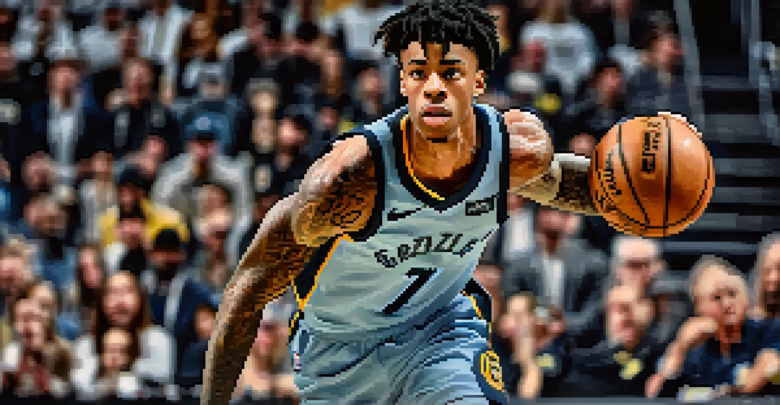 A focused portrait of Ja Morant in his Grizzlies jersey during a game, with a cheering crowd in the background.