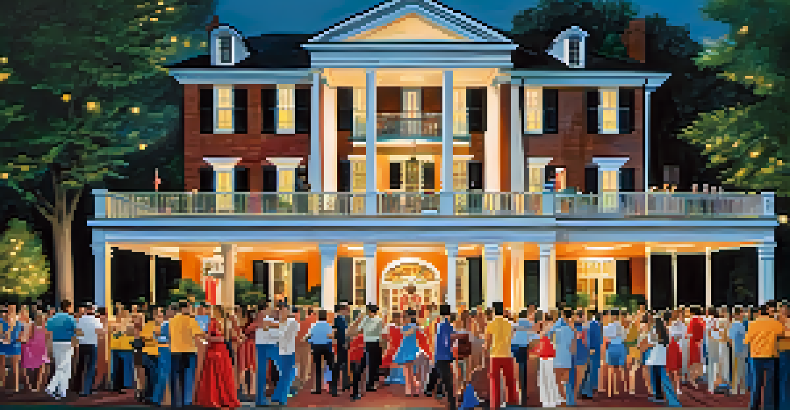 A vibrant scene of fans celebrating Elvis Week outside Graceland, filled with colorful decorations and a festive atmosphere.