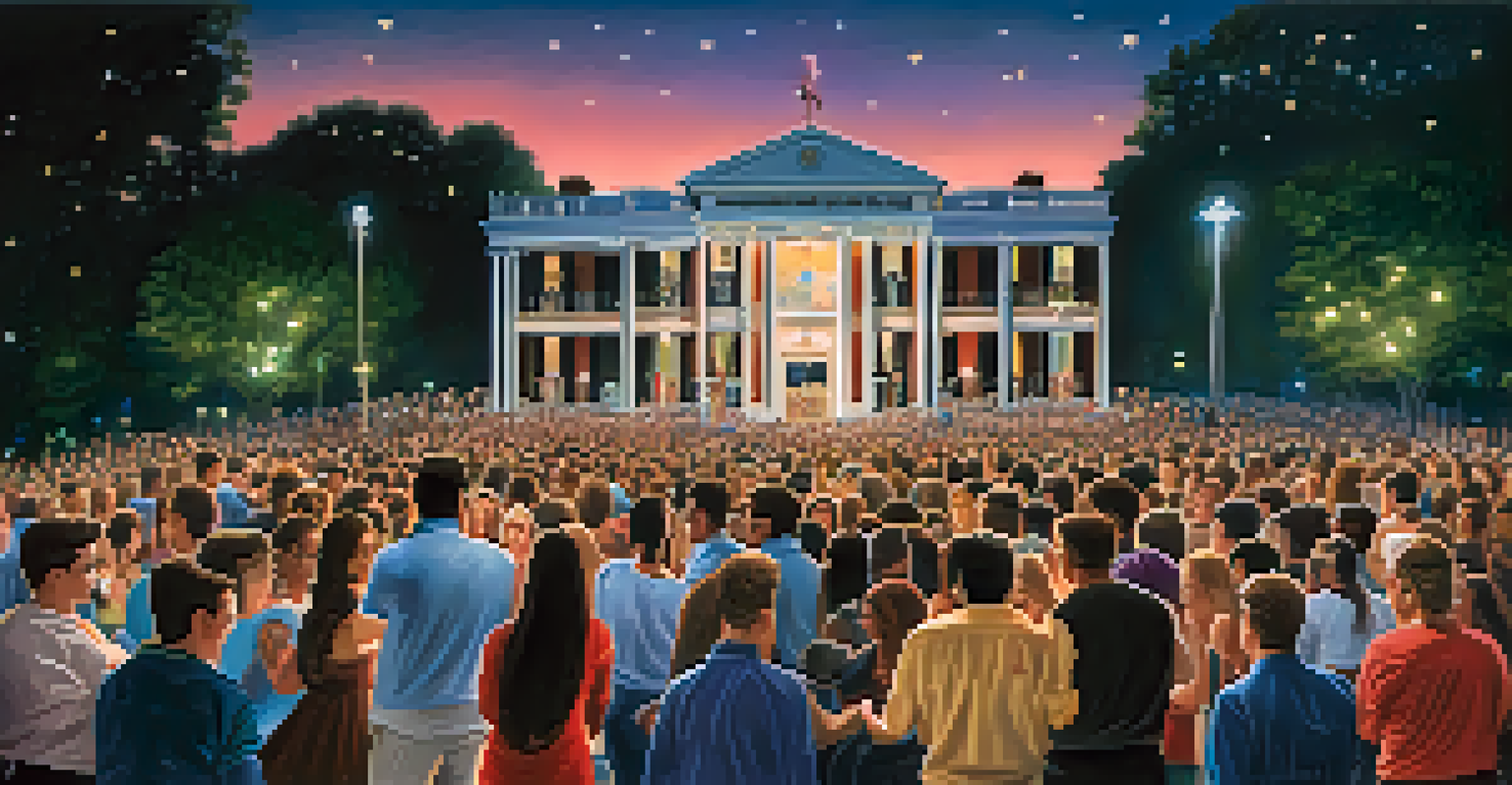 A candlelight vigil during Elvis Week at Graceland with fans holding candles and colorful decorations in the background.