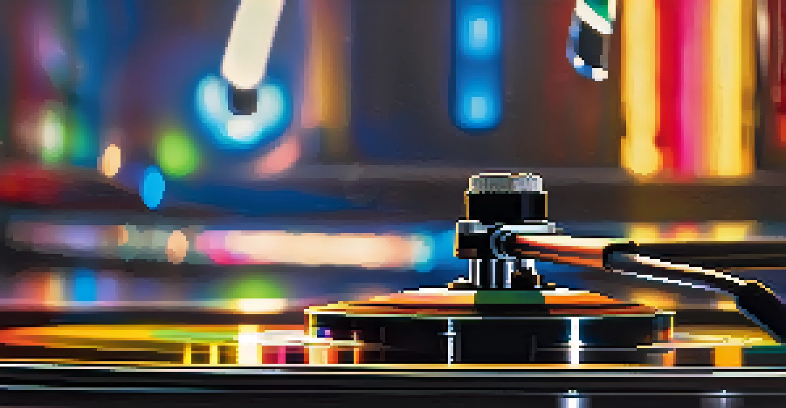 A close-up of a spinning vinyl record on a turntable with colorful lights reflecting in the background, creating a nostalgic atmosphere.