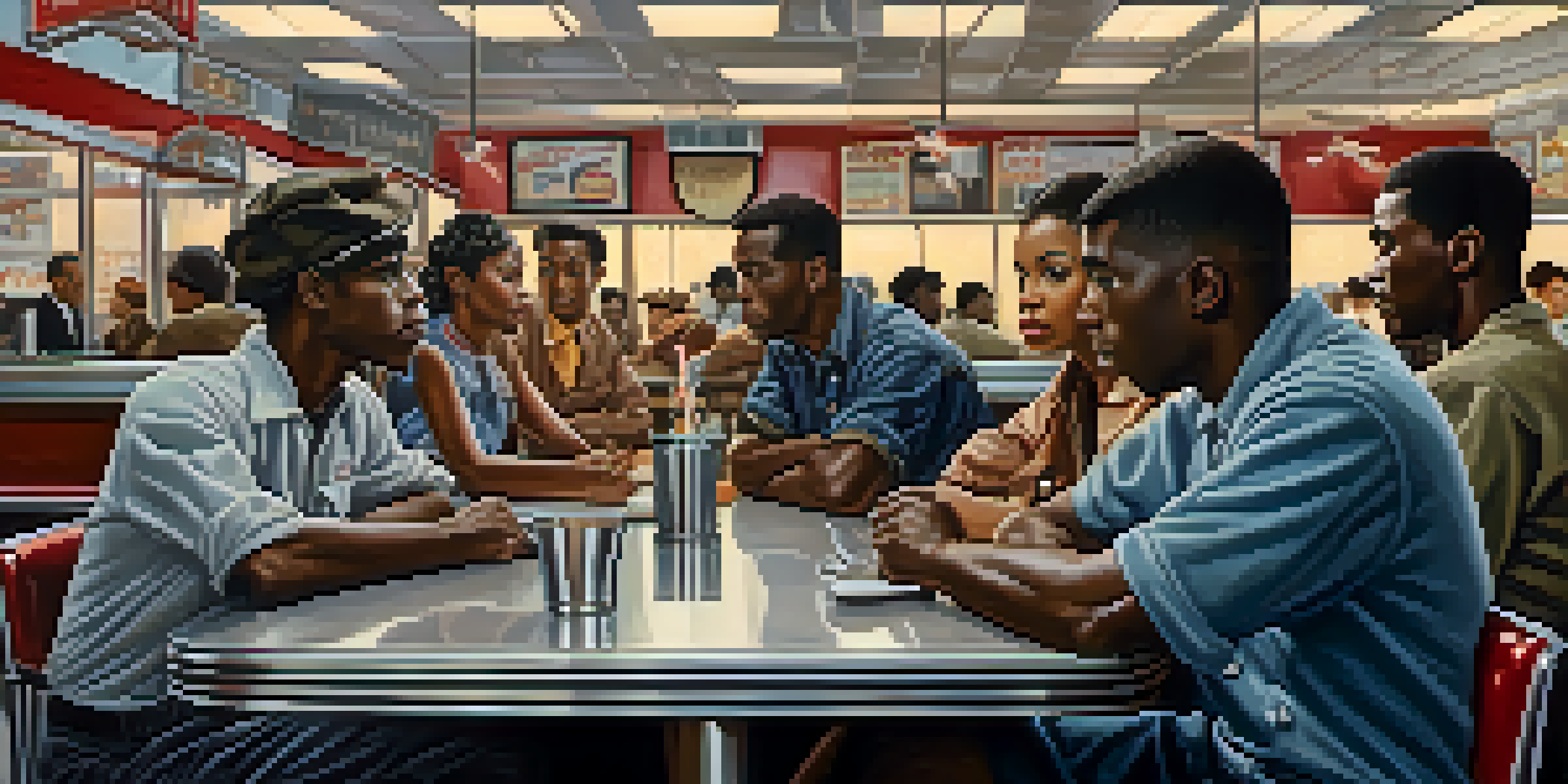 A group of young African American activists peacefully protesting by sitting at a lunch counter in a 1960s diner, showing determination.