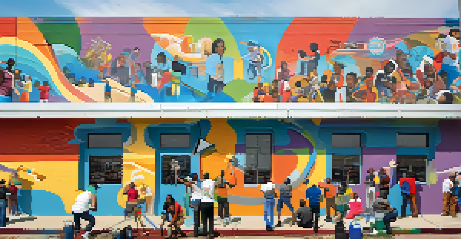 Local artists collaborating on a community mural in Memphis, showcasing bright colors and intricate designs with onlookers watching.