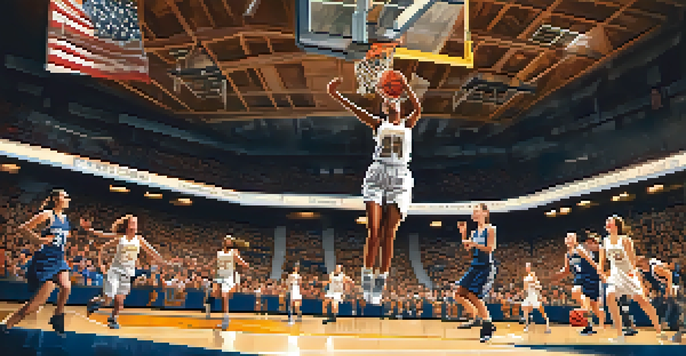 A female basketball player performing a slam dunk in a packed gymnasium during a championship game, with fans cheering and colorful banners in the background.