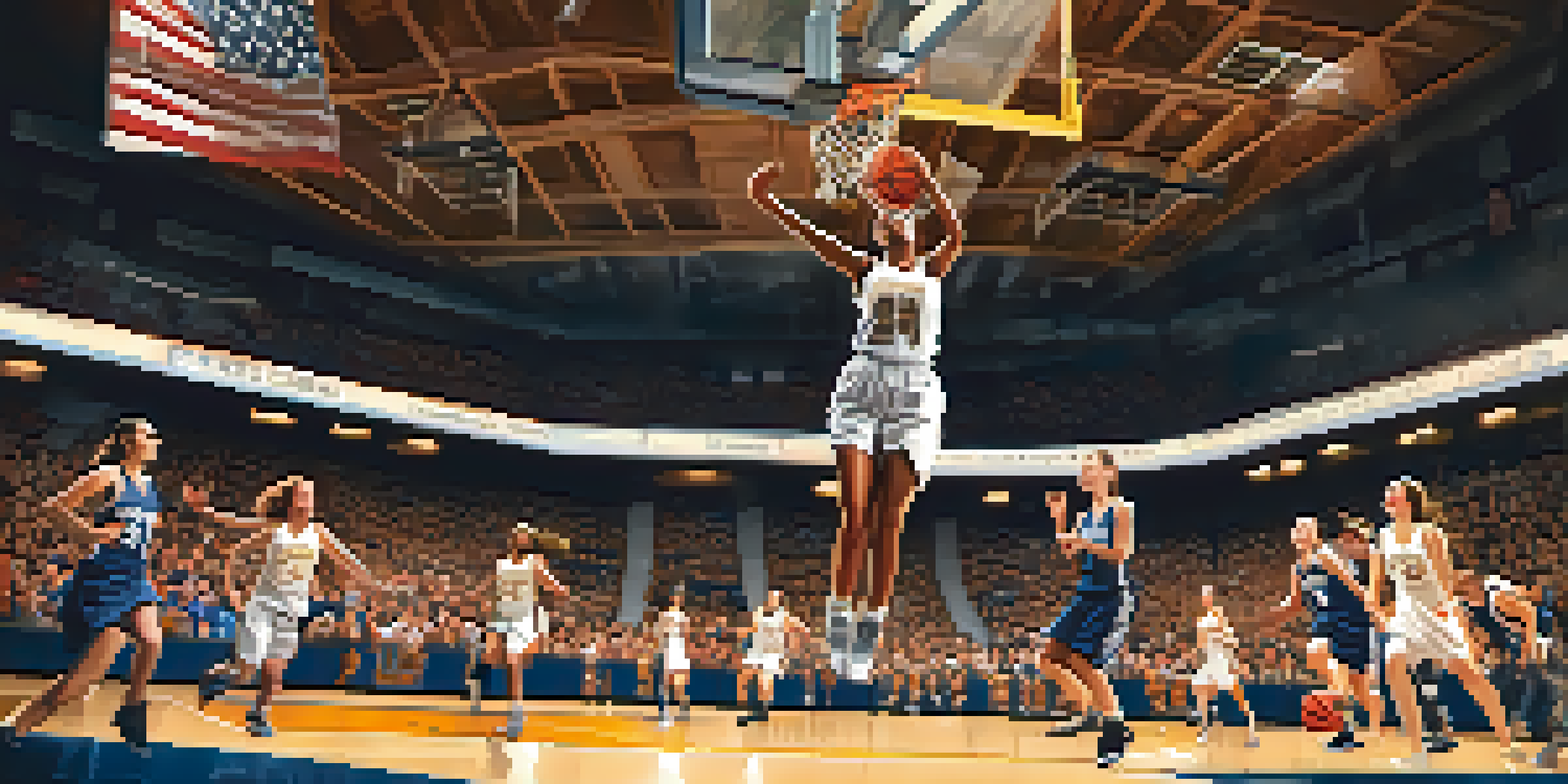 A female basketball player performing a slam dunk in a packed gymnasium during a championship game, with fans cheering and colorful banners in the background.