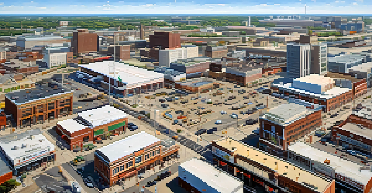 Aerial view of a commercial district in Memphis with new developments and transport routes under a blue sky.