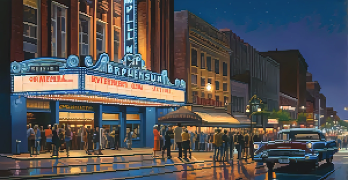 A night view of the Orpheum Theatre in Memphis, with neon lights and a lively crowd, showcasing local artists.