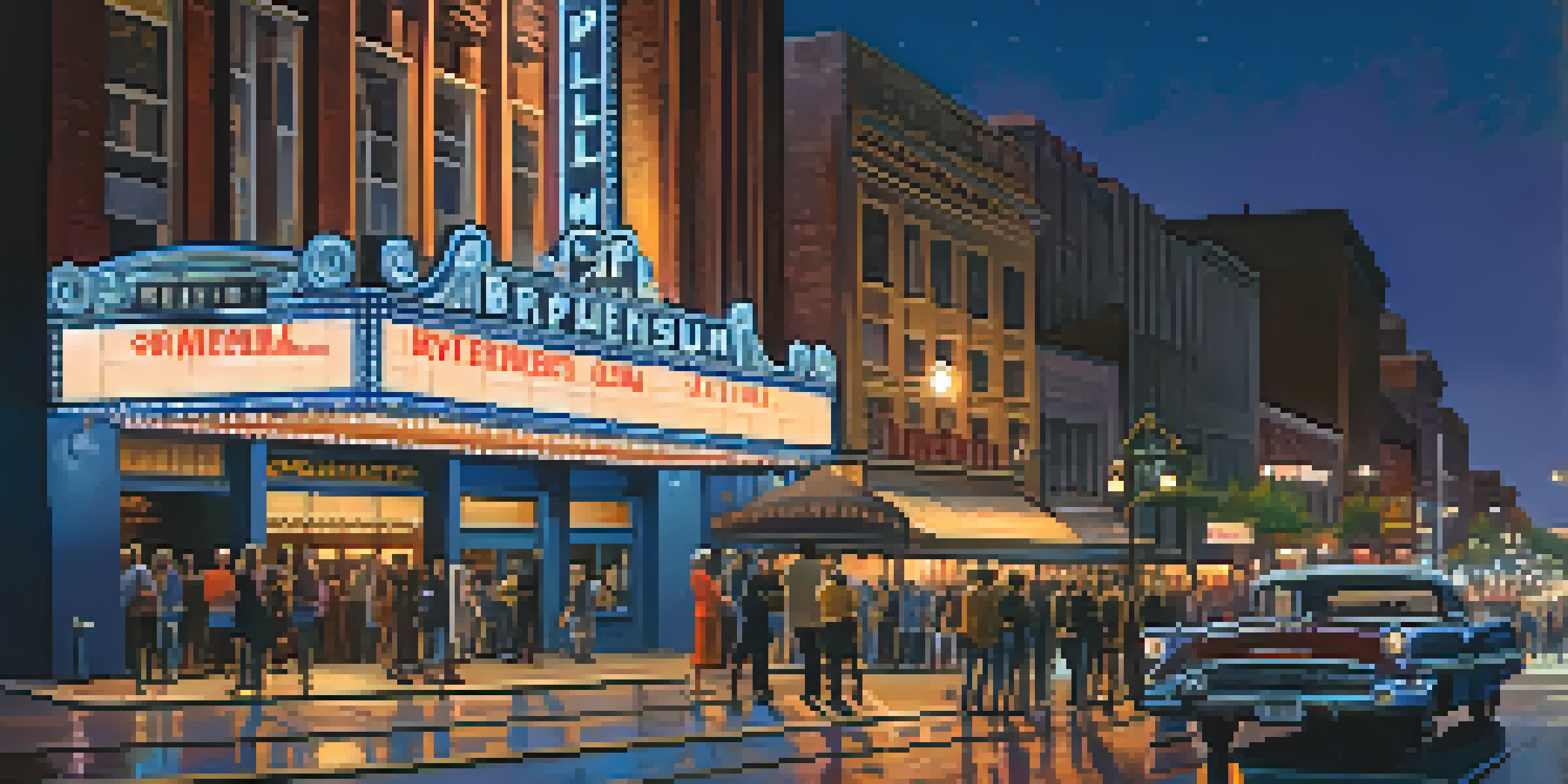A night view of the Orpheum Theatre in Memphis, with neon lights and a lively crowd, showcasing local artists.