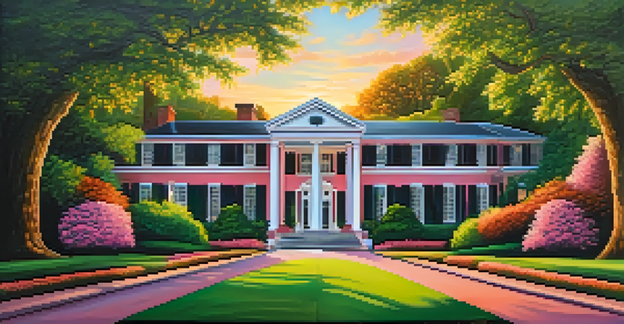 A picturesque view of Graceland at sunset, showcasing its beautiful architecture and vibrant landscaping.